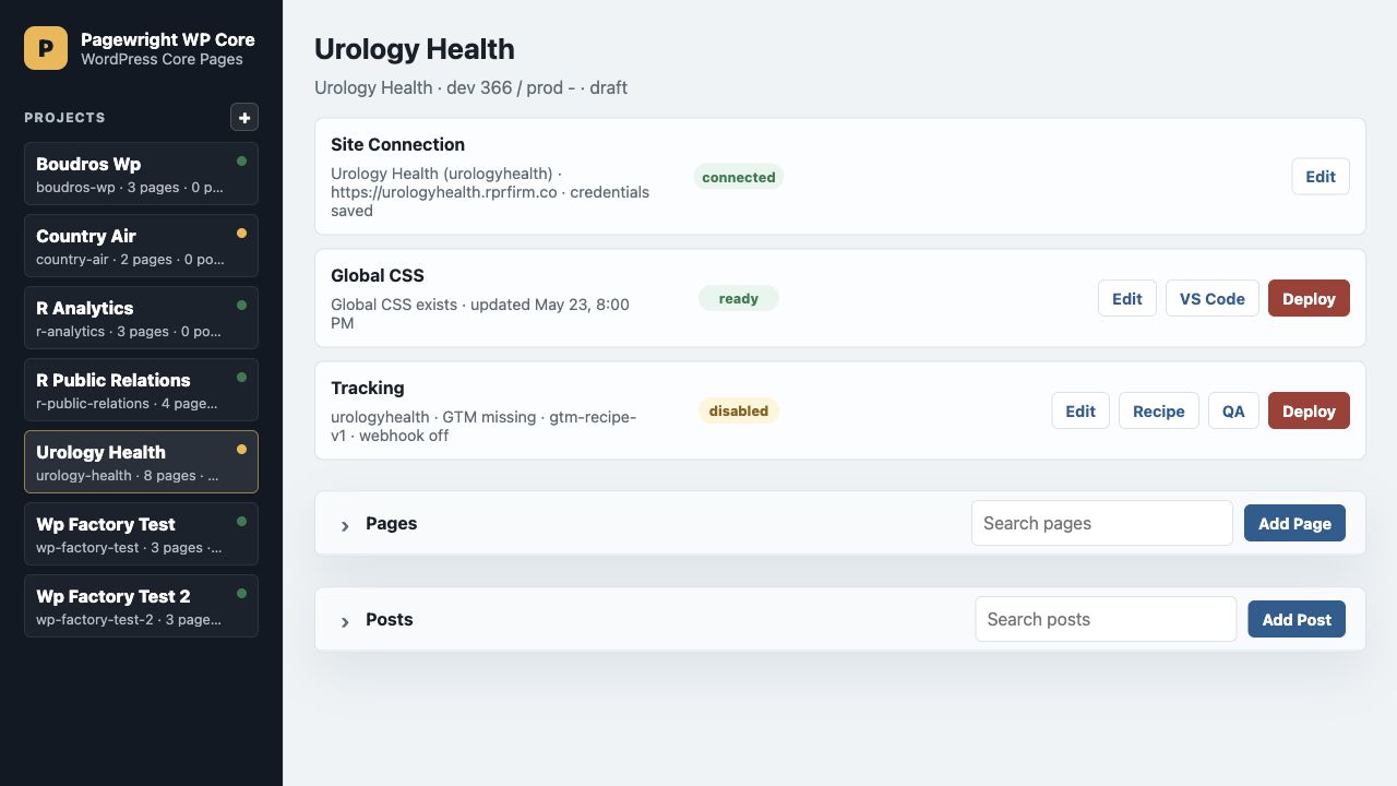 Pagewright project dashboard